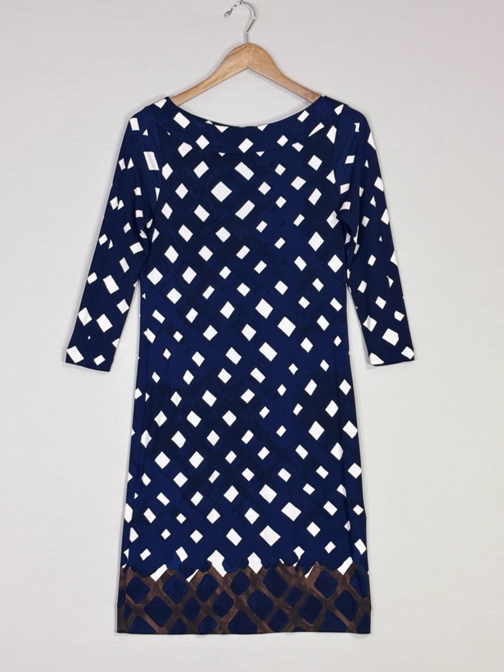 Tory Burch Silk Mini Dress Blue White Print Logo Zip 3/4 Sleeve Small